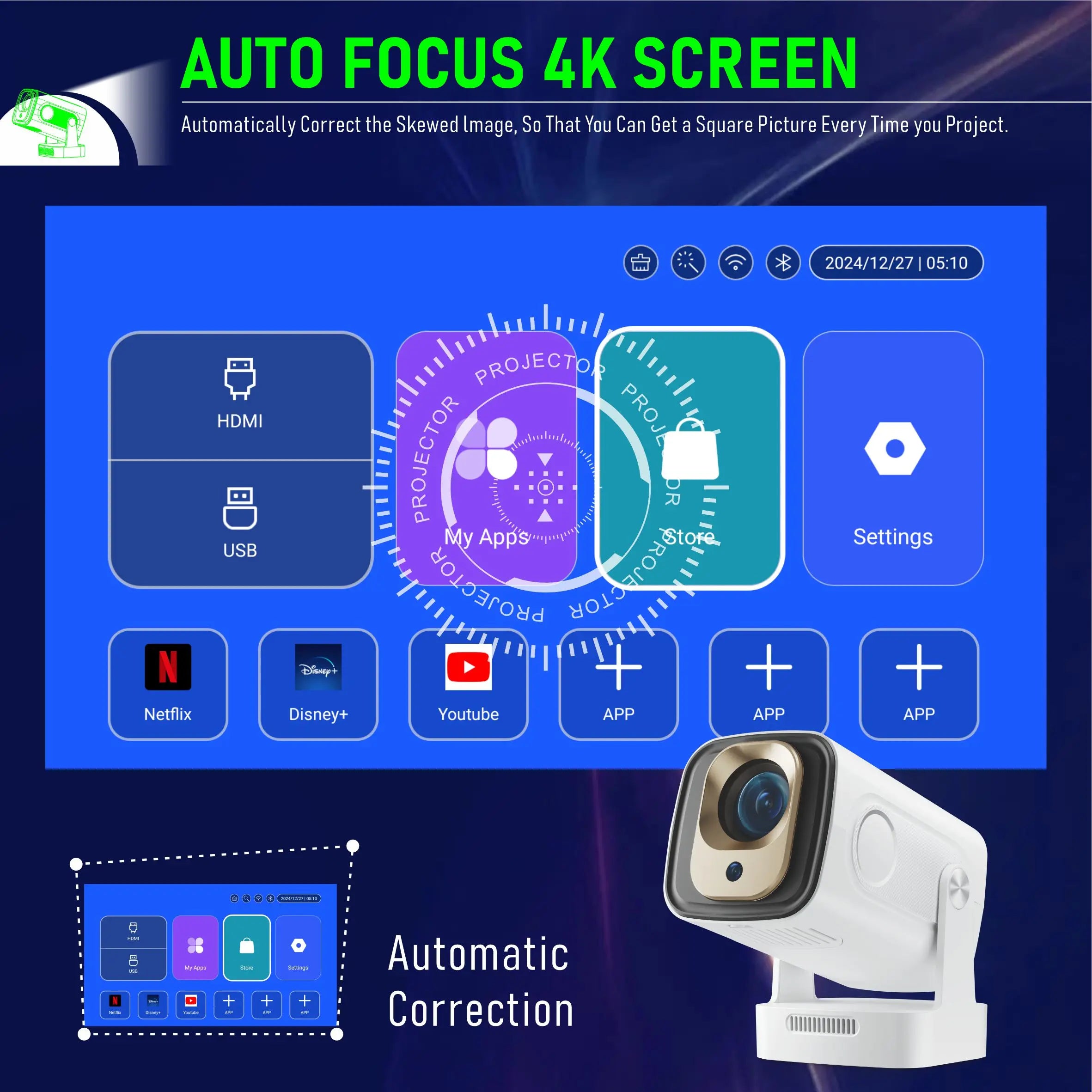 Salange HY260PRO Android 11 4K Native 1080P Projector Auto Focus 330ANSI Wifi6 BT54 Air Mouse Voice Control